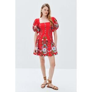 Farm Rio Anthurium Leaves Dress Red Floral Mini Puff Sleeve Cotton Linen Sz M